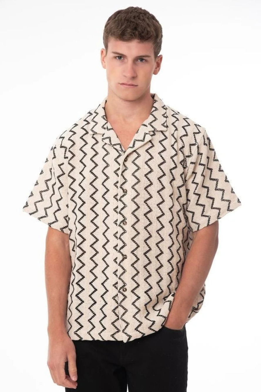 NOLS Beige with Black Zigzag Stripe Textured Weave Shirt/64833